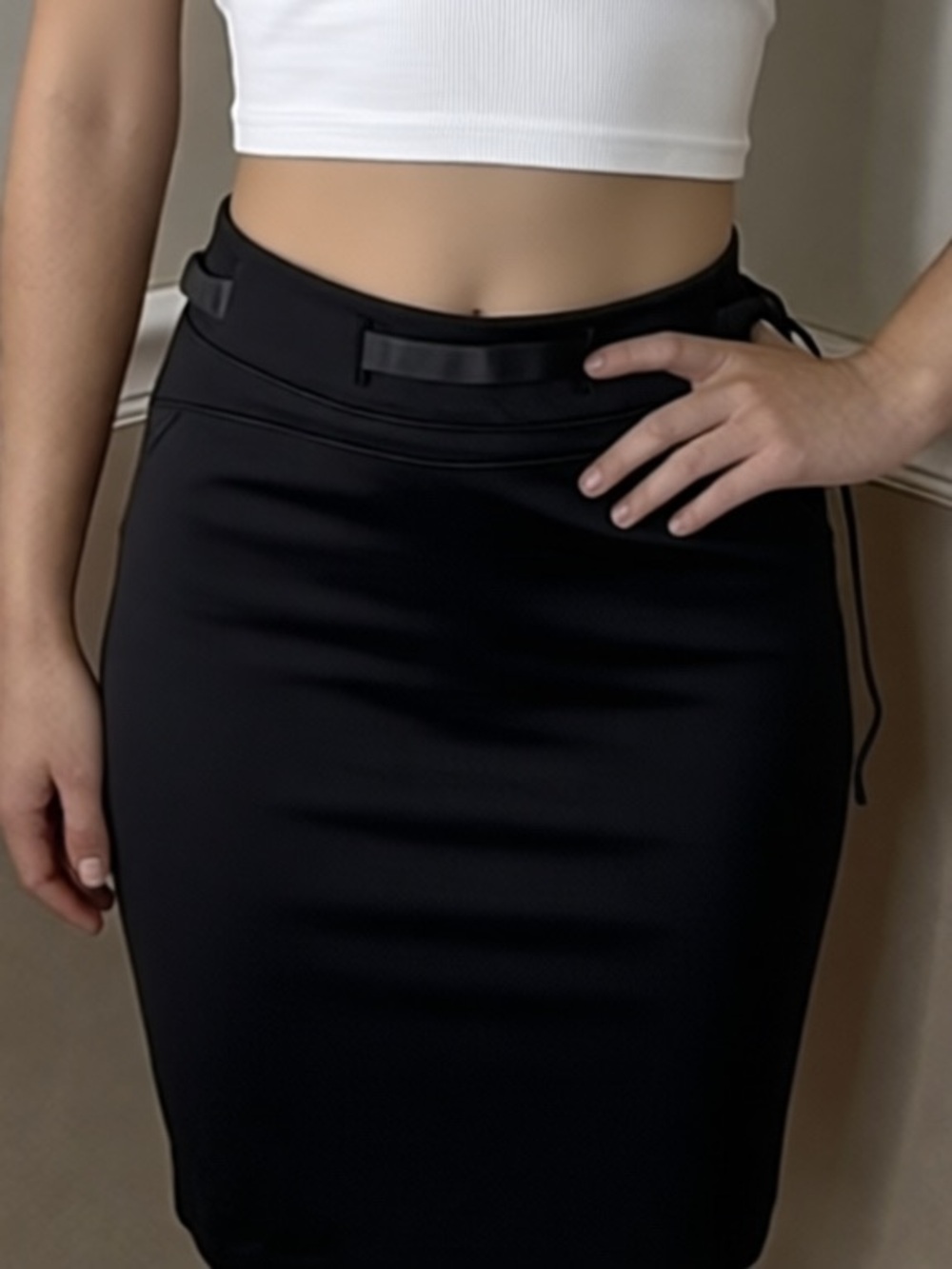 💚 5 for $20! Kaiser Black High-Waist Pencil Skirt with Decorative Waistband